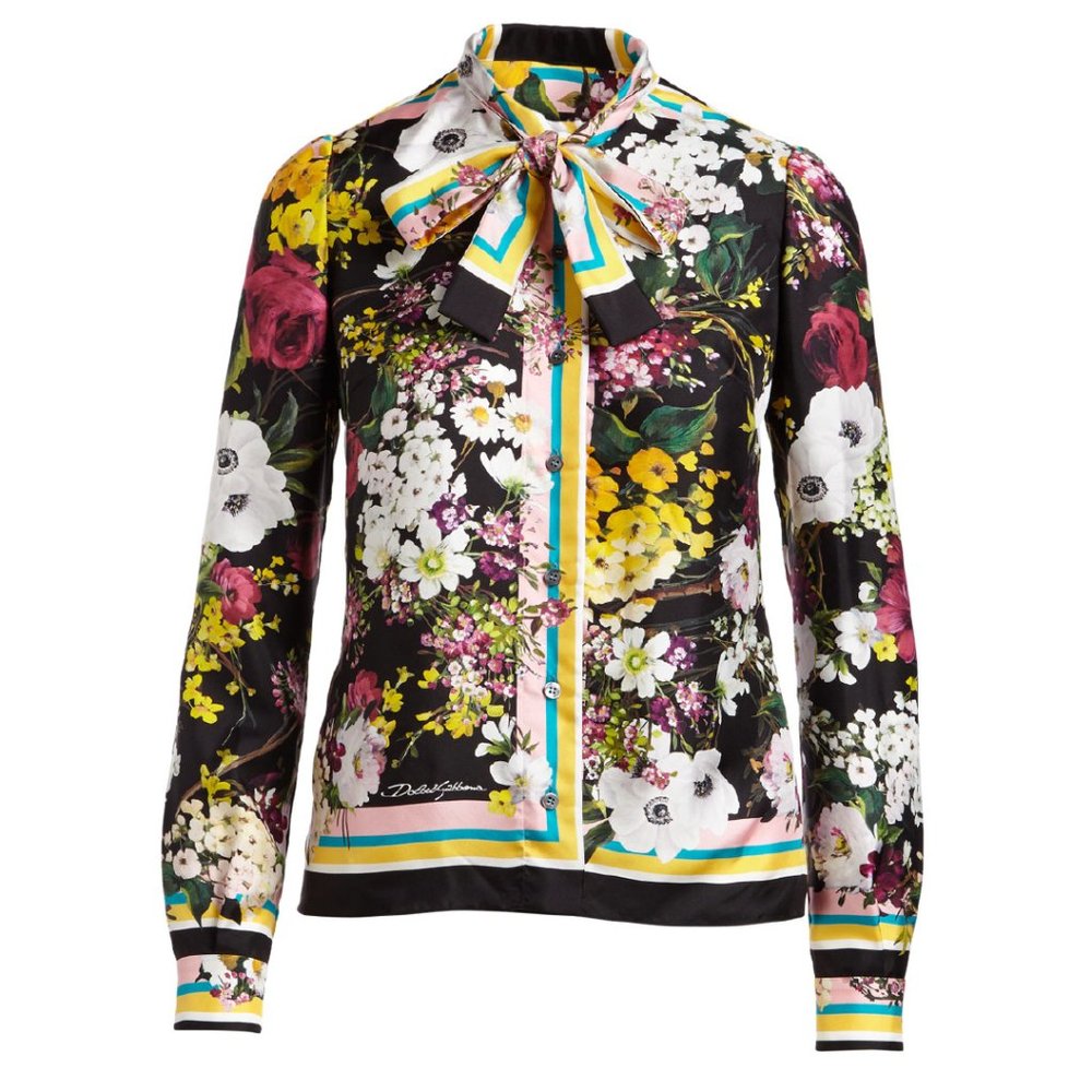 Dolce & Gabbana Floral Bouquet Silk Twill Tie-Neck Blouse (38 IT)